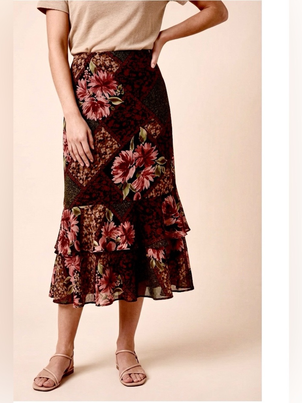 Vintage  Y2K Floral Patchwork-Print Midi Skirt Ruffle Hem • Brown Pink Burgundy